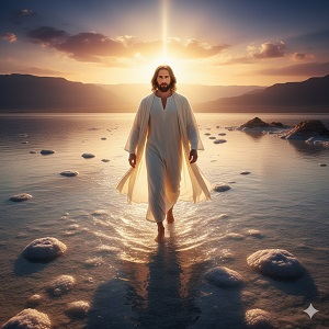macro image of Jesus Christ walking on water