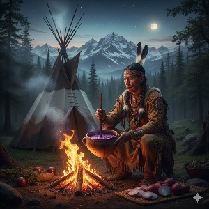 macro image of a cherokee native american medicine man making onion syrup at a campfire with a teepee, a forest and a mountain in the background