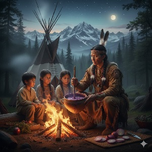 macro image of a cherokee native american medicine woman making a batch of onion syrup with her children