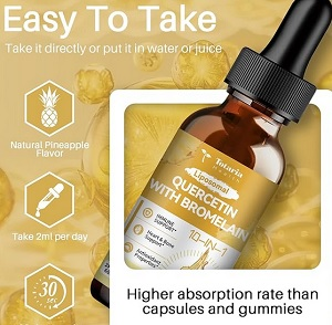 macro image of a medicine bottle of liquid quercetin with bromelain supplement