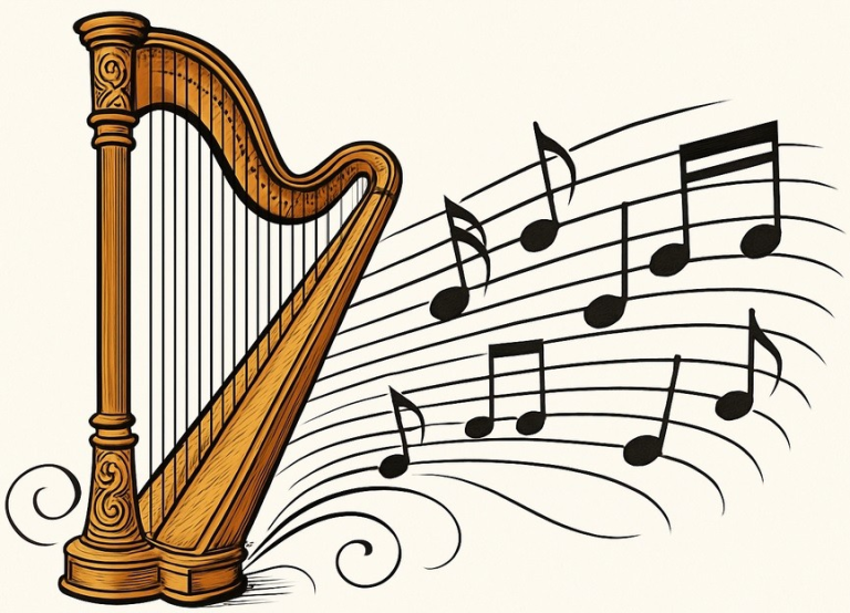image of harp and musical notes