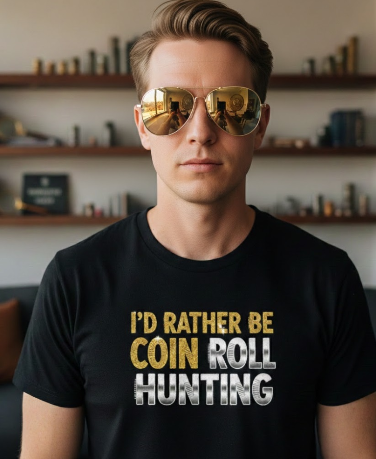 I'd Rather be coin roll hunting guy wearing black tee with that lettering and sunglasses