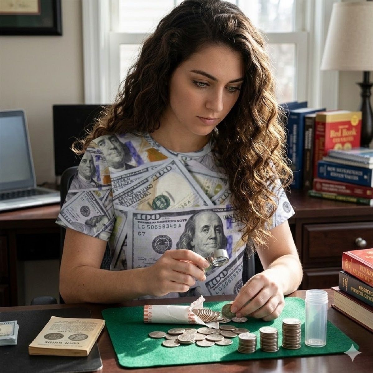 Woman wearing Cash Money Bill shirt coin roll hunting for silver quarters at a desk. Check your 1965 coins for silver!
